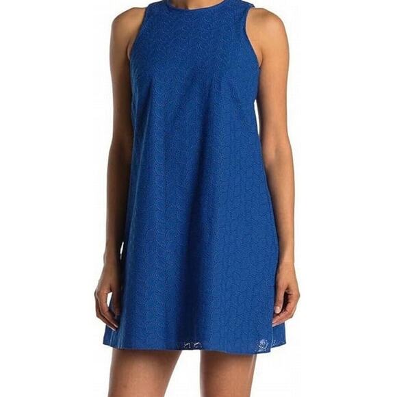 Calvin Klein Dress 12 Blue Eyelet Sleeveless Lined Sheath 100% Cotton‎ Summer - Picture 2 of 9